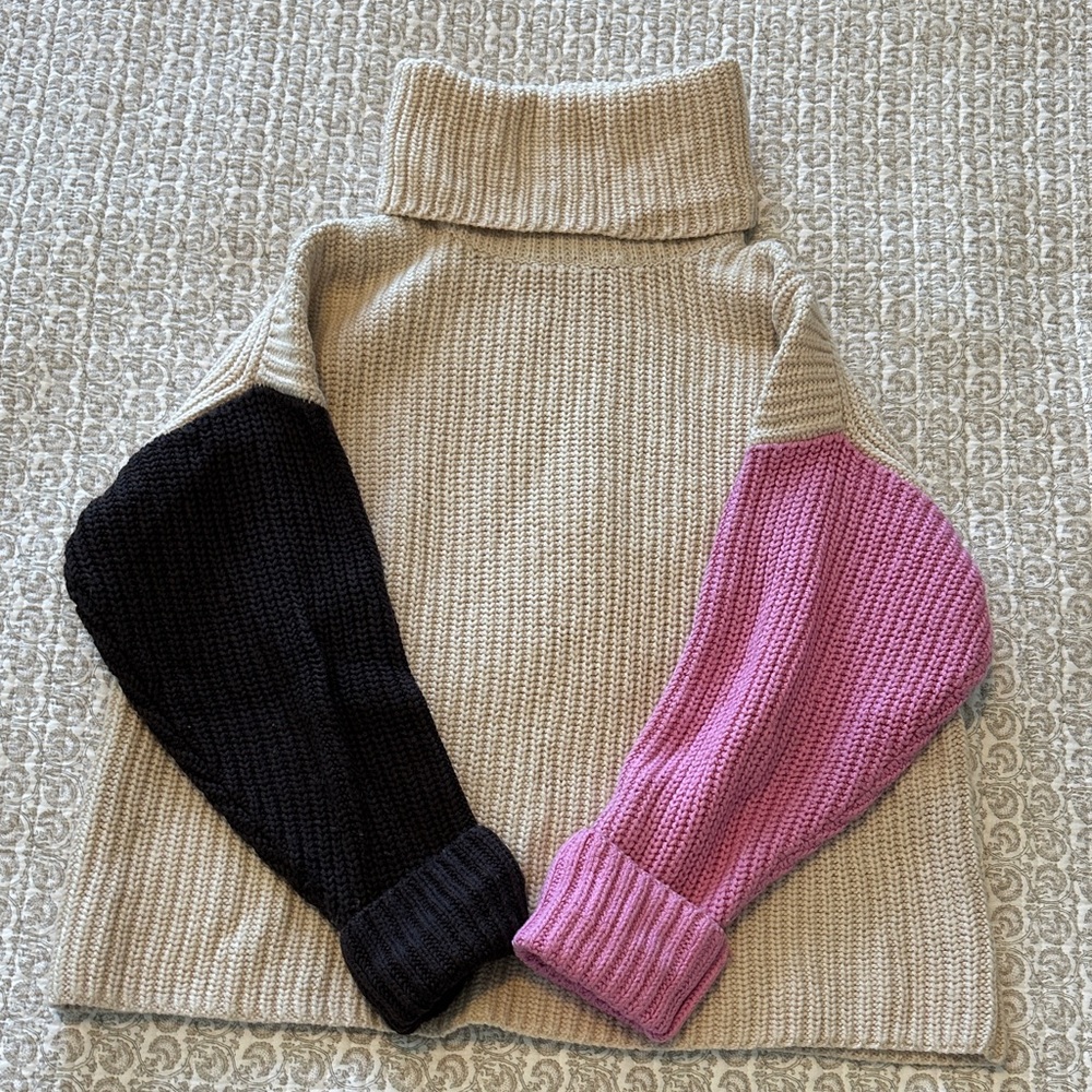 Wilfred Turtleneck Sweater - Pink, Brown, and Cream. 100% merino wool.